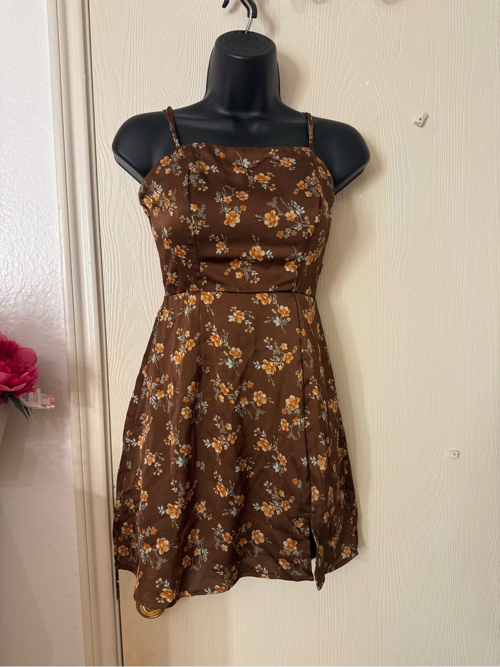 miami Brown Floral Spaghetti-Strap Mini Dress